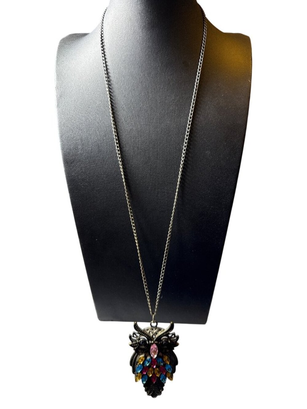 Vintage Bronze Owl Pendant Necklace Colorful Rhinestone Boho Statement Long
